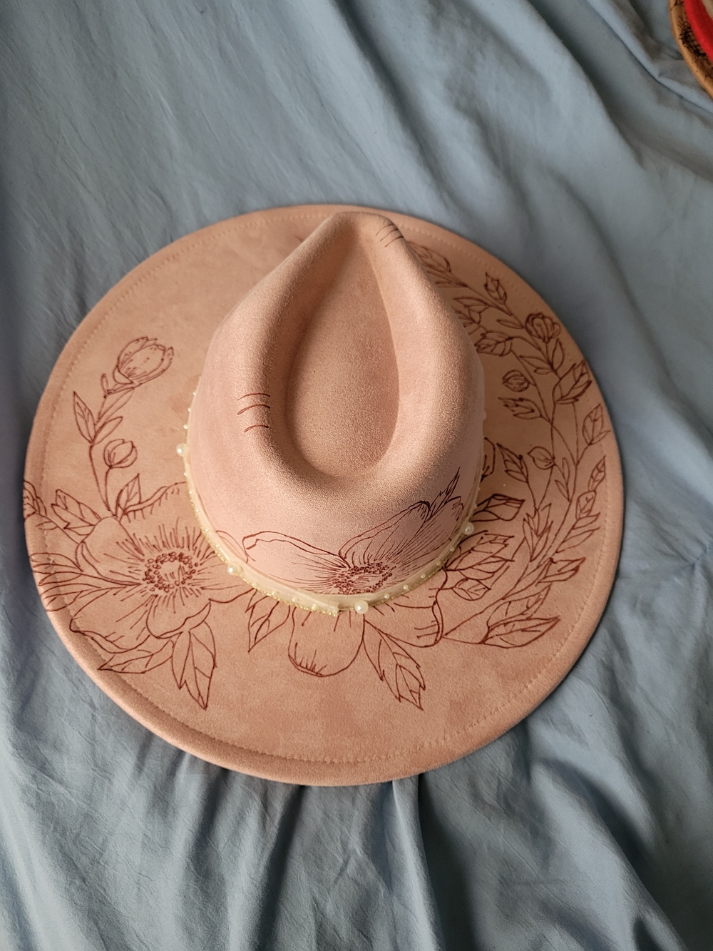 Light Pink Floral Hand Burned Fedora